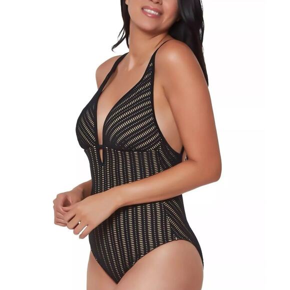 Bar III Artisian Crochet One-Piece Swimsuit, black and nude XL lined boho sexy - Picture 2 of 7
